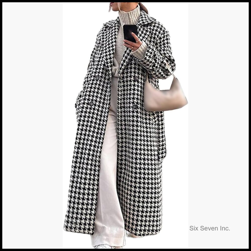 Houndstooth Wool Blend Double Breasted Trench Coa… - image 1